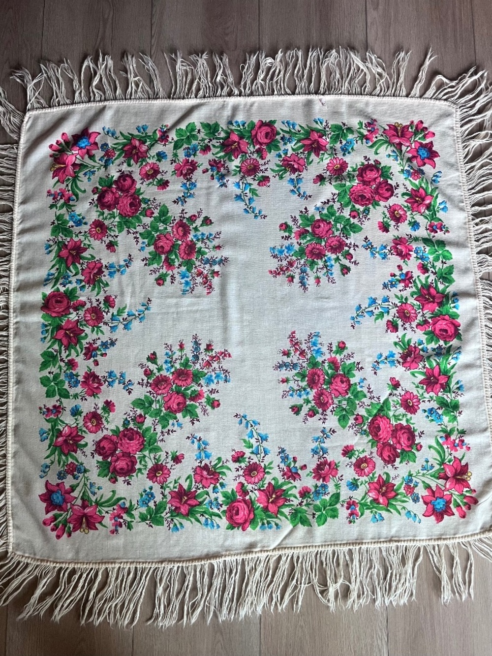 Vintage Polish Scarf Large 36" X 36" Fringed Floral Design
